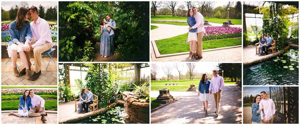 Family portrait session at Garfield Park in Indianapolis featuring the sunken gardens with natural dappled light, and the garfield park conservatory