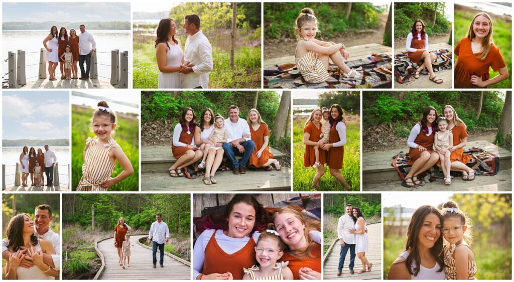 Adventurous family photographed at Eagle Creek Park during the summer in Indianapolis surrounded by wooded trails, open fields and in front of the reservoir.