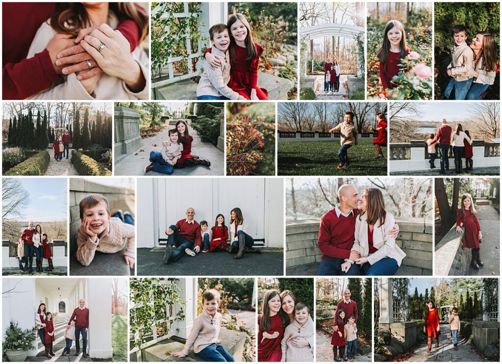 Elegant family portrait session photographed on the grounds of Newfields Indianapolis Museum of Art with wide open lawns and architectural details during the start of winter.