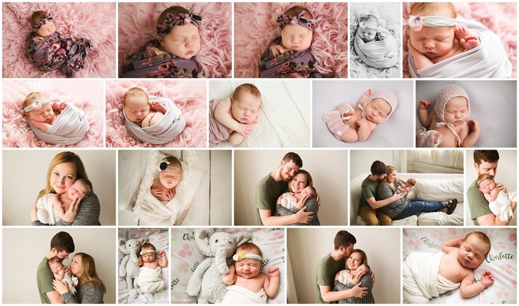Newborn photography collage by Amanda Duncan Photography featuring a baby girl studio session in Indianapolis, including posed newborn portraits in pink wraps and floral headbands, black and white newborn images, a sleeping baby in a knit bonnet, and family portraits of mom and dad holding their newborn daughter Charlotte in a bright studio setting.