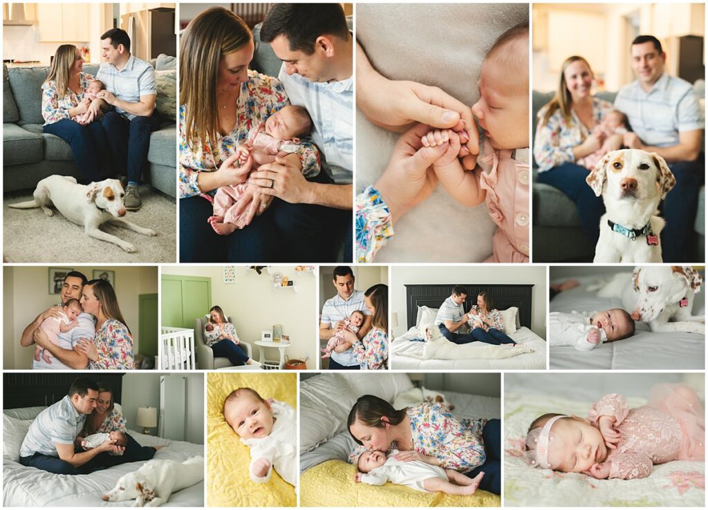 Lifestyle in-home newborn session with parents, baby girl, and family dog