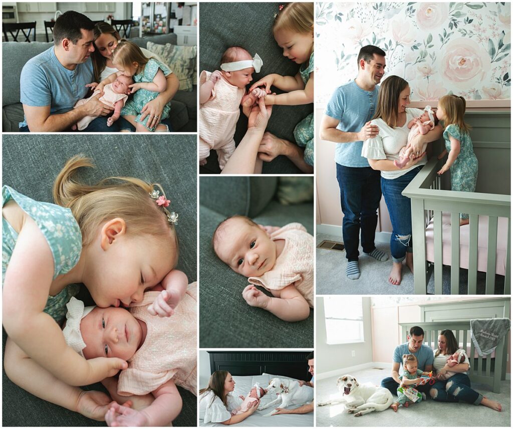 Lifestyle in-home newborn session collage with parents and big sister