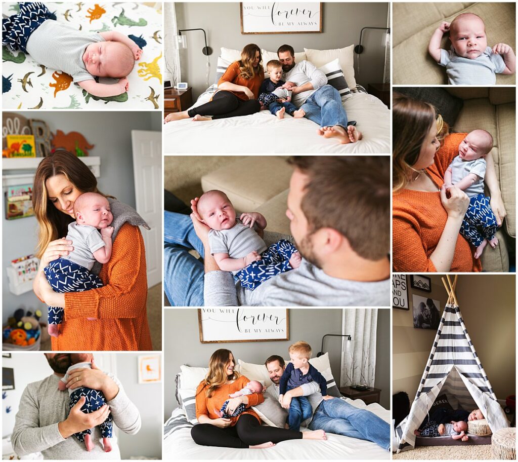 Lifestyle in-home newborn session with parents, baby boy, and big brother