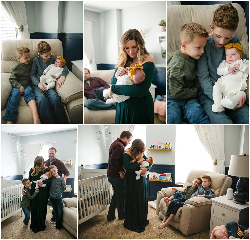 Lifestyle in-home newborn session collage with parents and big brothers