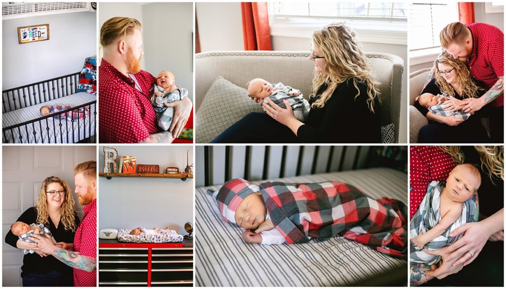 Lifestyle in-home newborn session with parents and baby boy in nursery