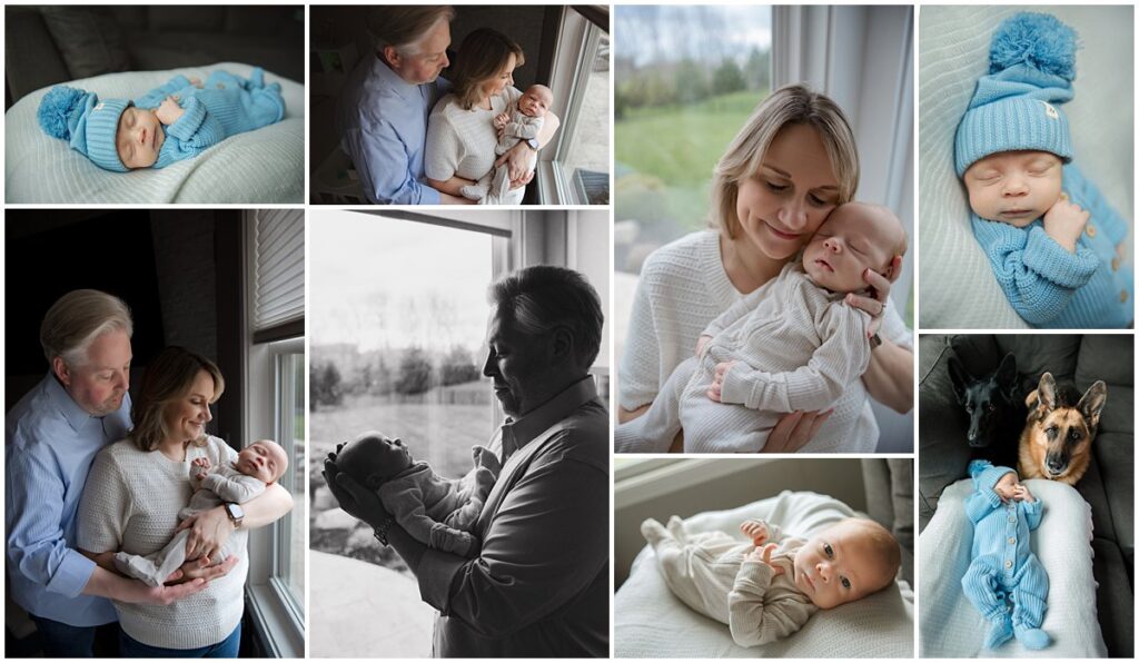 Lifestyle in-home newborn session with grandparents, baby boy, and family dogs