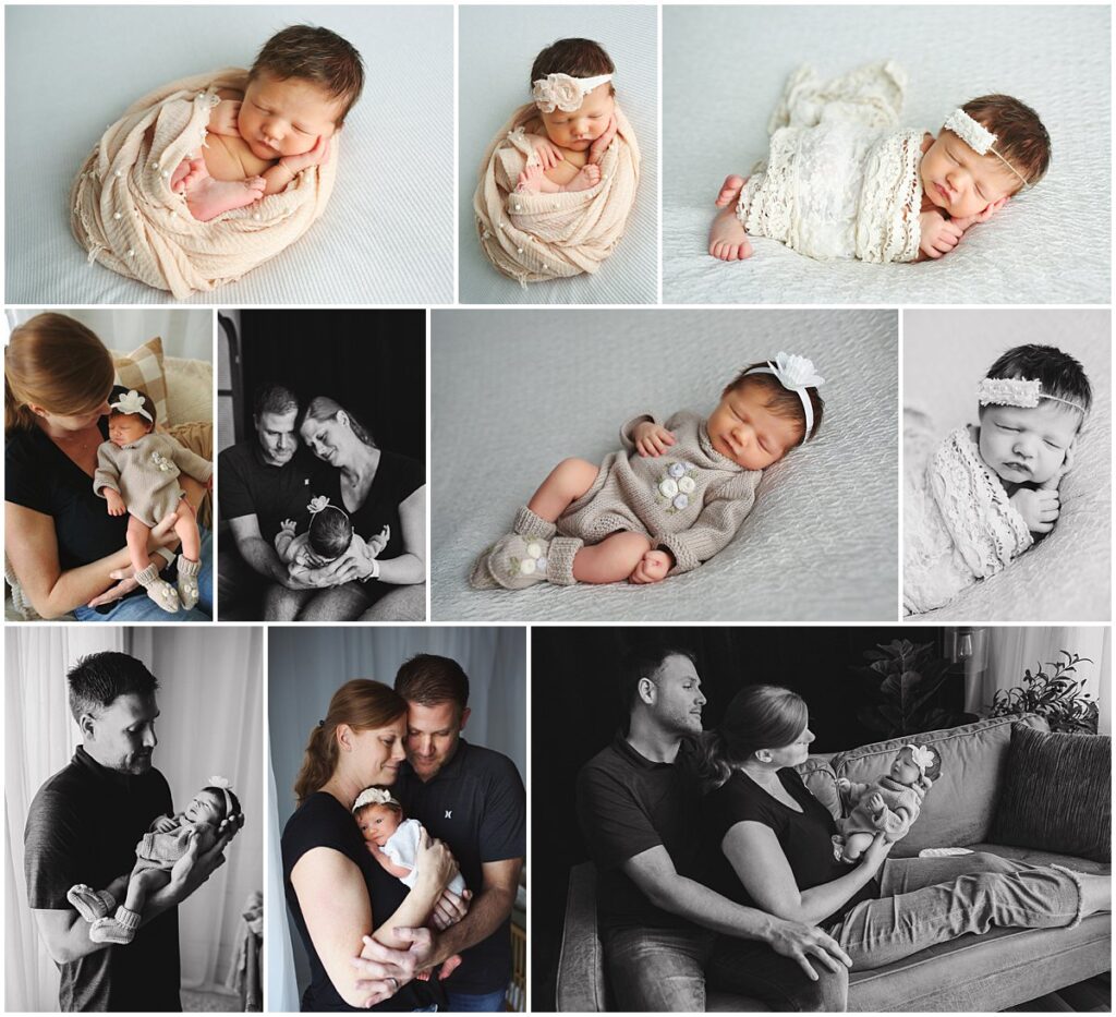 In studio posed newborn session of baby girl with floral headbands and family portraits