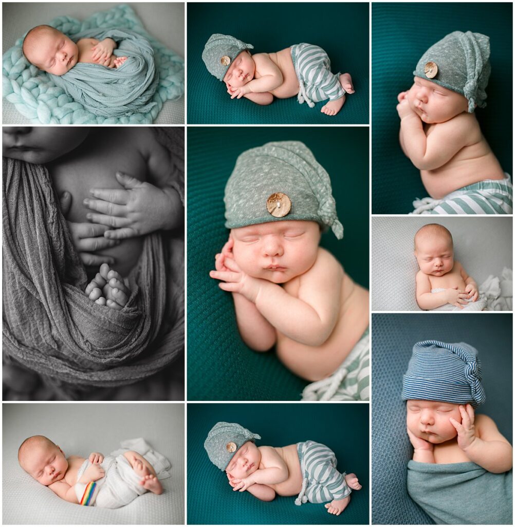 In studio posed newborn session of baby boy in teal sleepy cap