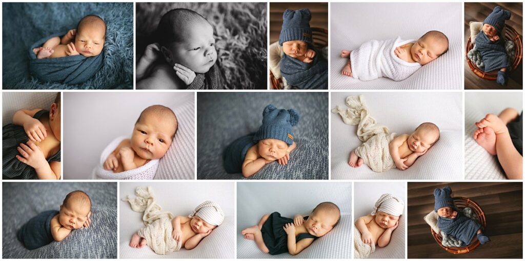 In studio posed newborn session of baby boy in navy blue wraps