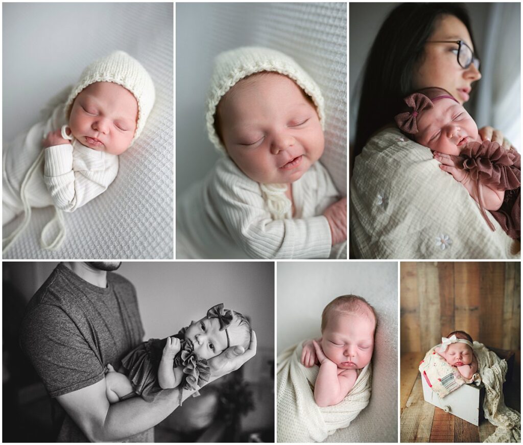 In studio posed newborn session of baby with white bonnet and parents