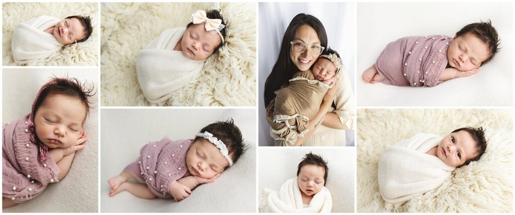 In studio posed newborn session of baby girl in pink and ivory wraps with mom, the sixth baby photographed for this family