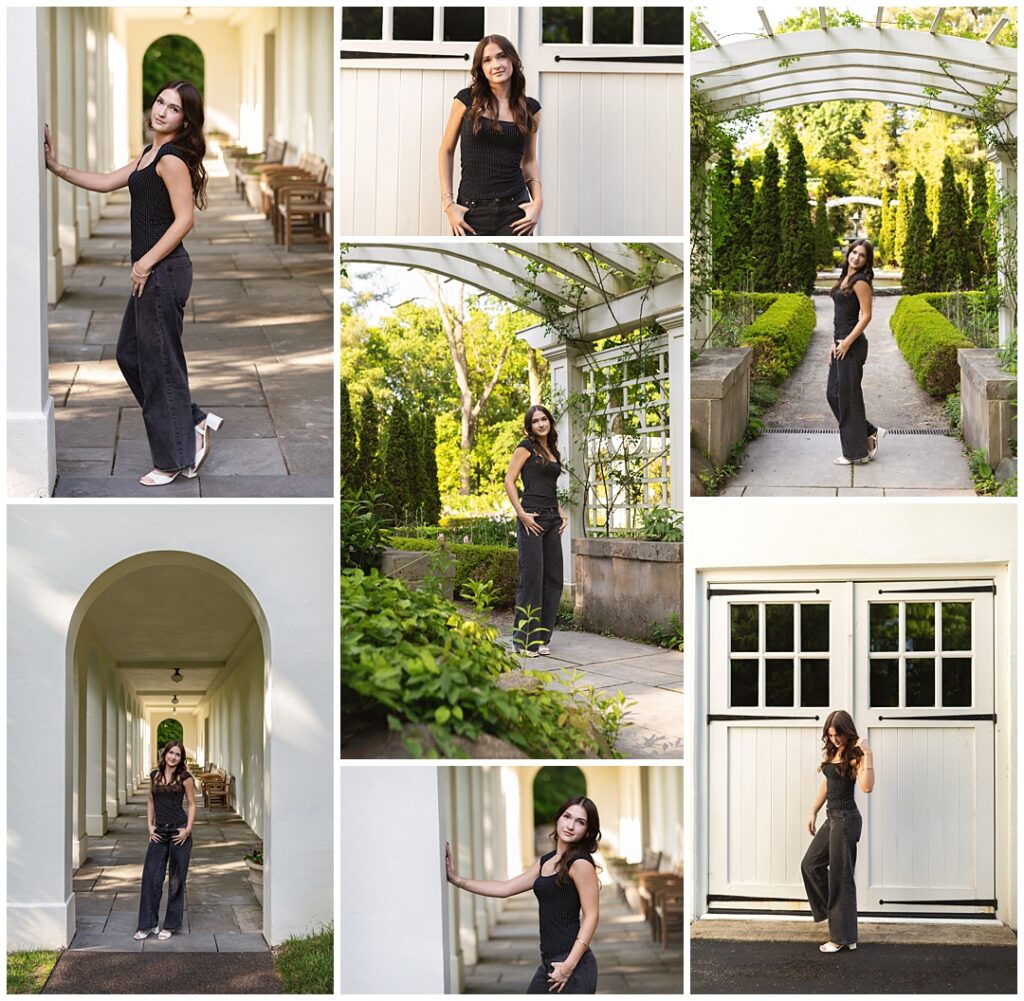 Photo collage of Brownsburg High School Senior girl with long dark wavy hair in a black fitted top, black wide-leg jeans, and white heels, posed along the white pergola archways and boxwood garden paths at Newfields, photographed by Indianapolis senior photographer Amanda Duncan Photography.