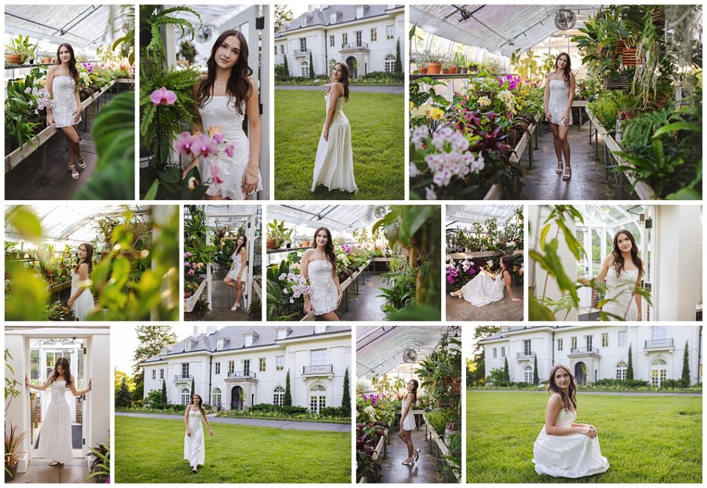 Photo collage of a teen girl photographed in Carmel, Indiana with long dark wavy hair, wearing a white strapless dress among orchids and potted plants inside a glass greenhouse in one image and a long white strapless gown on the lawn in front of a grand white mansion in another, during her senior portrait photoshoot with Amanda Duncan Photography.