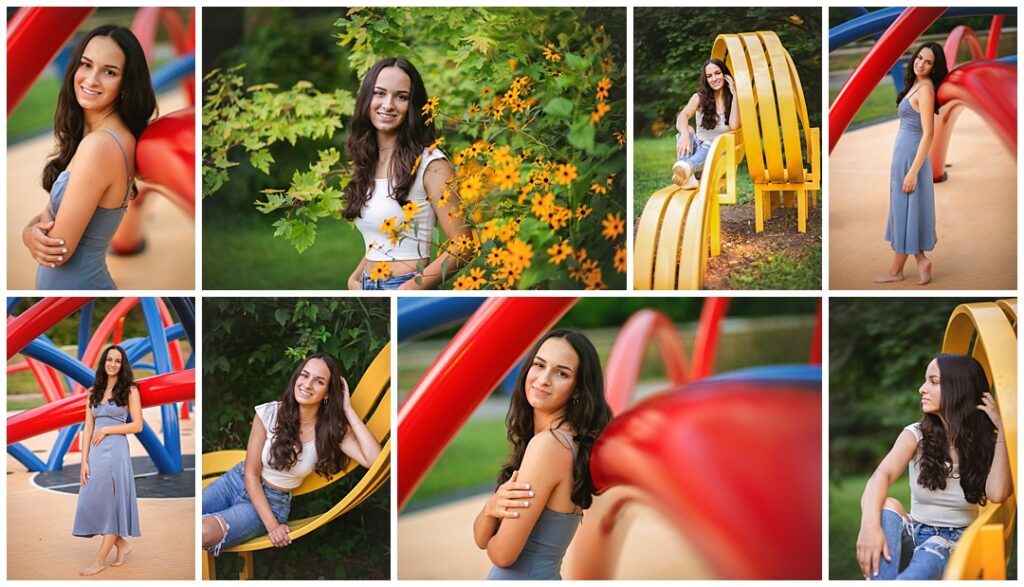 High school senior girl wearing a white crop top and denim shorts, long dark wavy hair, in a collage of images posed near colorful playground-style art and yellow wildflowers at 100 Acre Woods near the Funky Bones exhibit, photographed by Amanda Duncan Photography in Indianapolis.