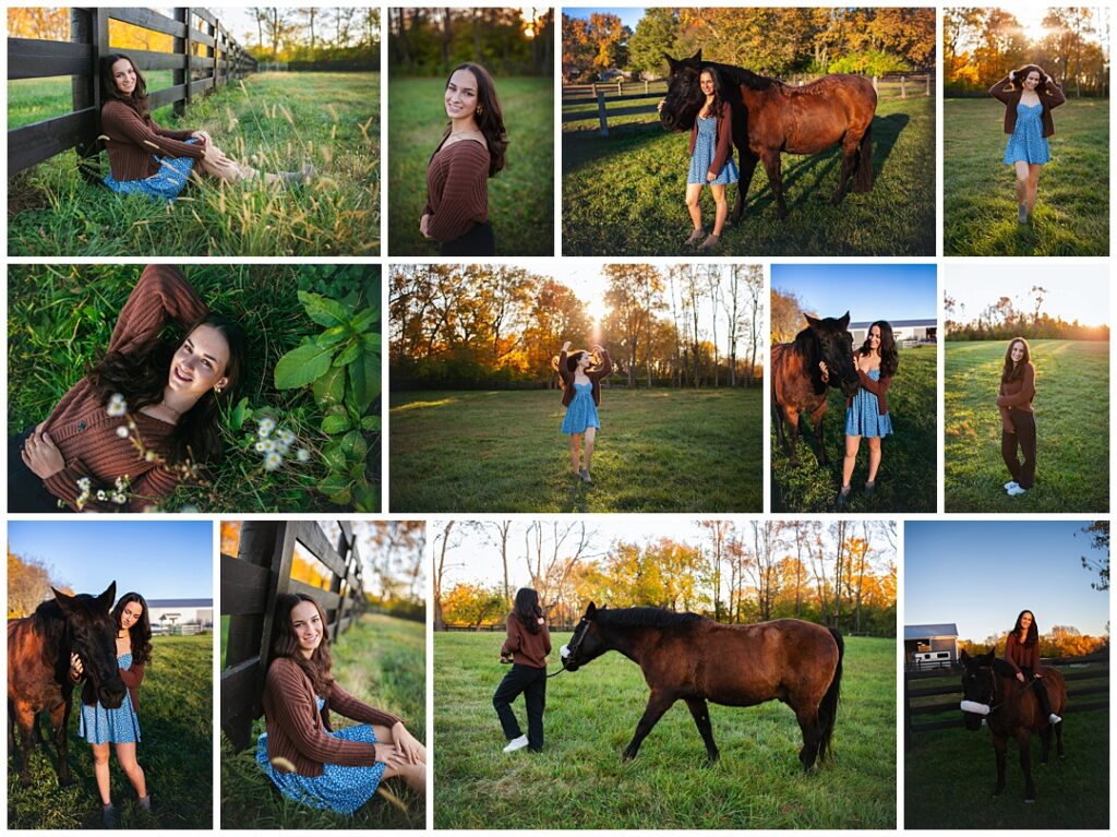 Photo collage of teen girl with long dark hair in a brown ribbed cardigan and blue polka dot dress, one look laughing in tall grass by a wooden fence, another standing beside a bay horse in a golden autumn field at sunset, Indianapolis senior photos by Amanda Duncan Photography.