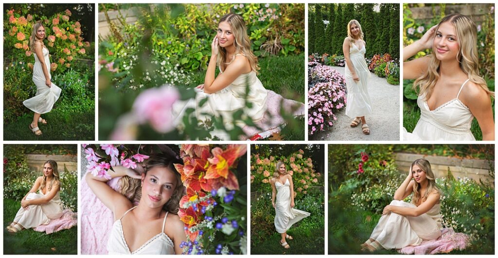 Collage of images of teen girl with wavy blonde hair in a flowy ivory dress, one look standing among peach and pink garden flowers, another lying on a floral blanket surrounded by blooms, all photographed at Newfields for senior photos by Amanda Duncan Photography.