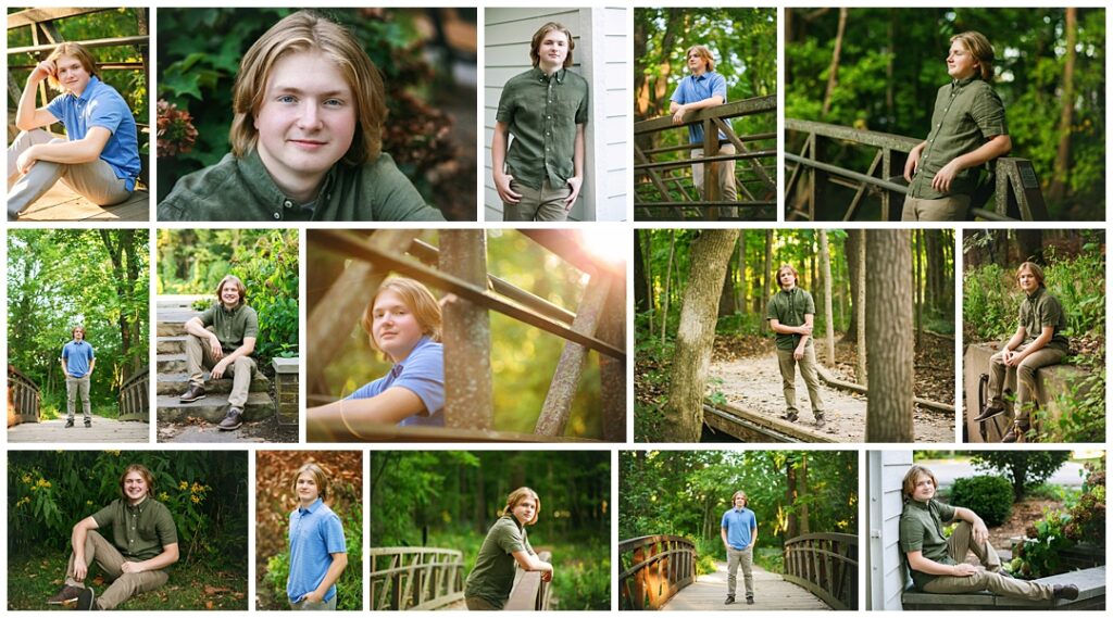 Senior guy in a photo collage with long wavy blonde hair, one look in a blue polo on a wooden bridge, another in an olive green button-up leaning on a bridge railing in the woods at Flowing Well Park for senior photos in Carmel by Amanda Duncan Photography.