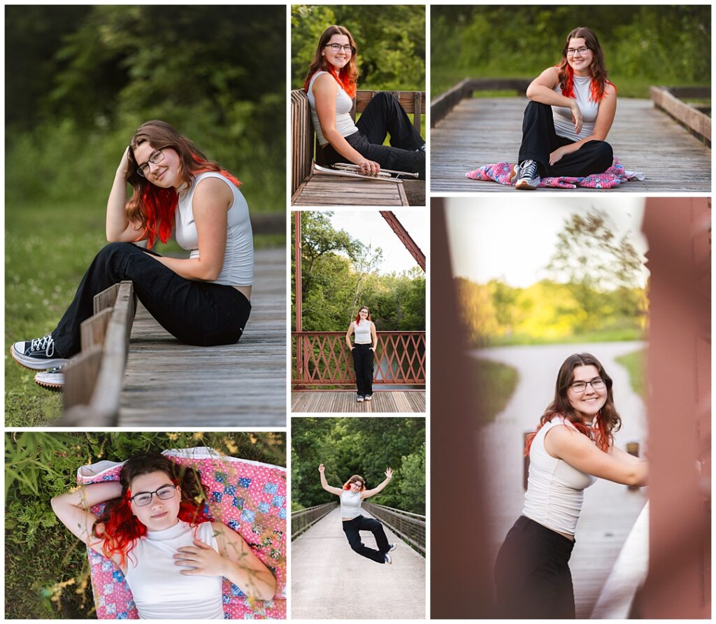 Senior girl in a collage of photos with brown hair and bright red peekaboo highlights, glasses, and a white mock neck top, one look sitting on a wooden bridge with her trumpet, another jumping mid-air on the bridge and lying on a quilt in the grass, Indianapolis senior photos by Amanda Duncan Photography.