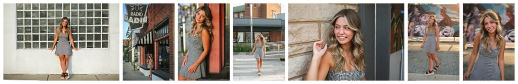 Senior girl with wavy blonde hair in a black and white checkered mini dress and white sandals, posed along storefronts and a mural corner in downtown Indianapolis, photographed by Amanda Duncan Photography.