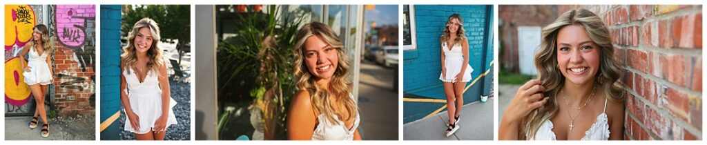 Teen girl with long wavy blonde hair wearing a white ruffle romper, photographed against a teal-painted wall and colorful mural in Fountain Square, standing near string lights in one image and posed beside greenery in another, during her senior photoshoot with Amanda Duncan Photography in Indianapolis.