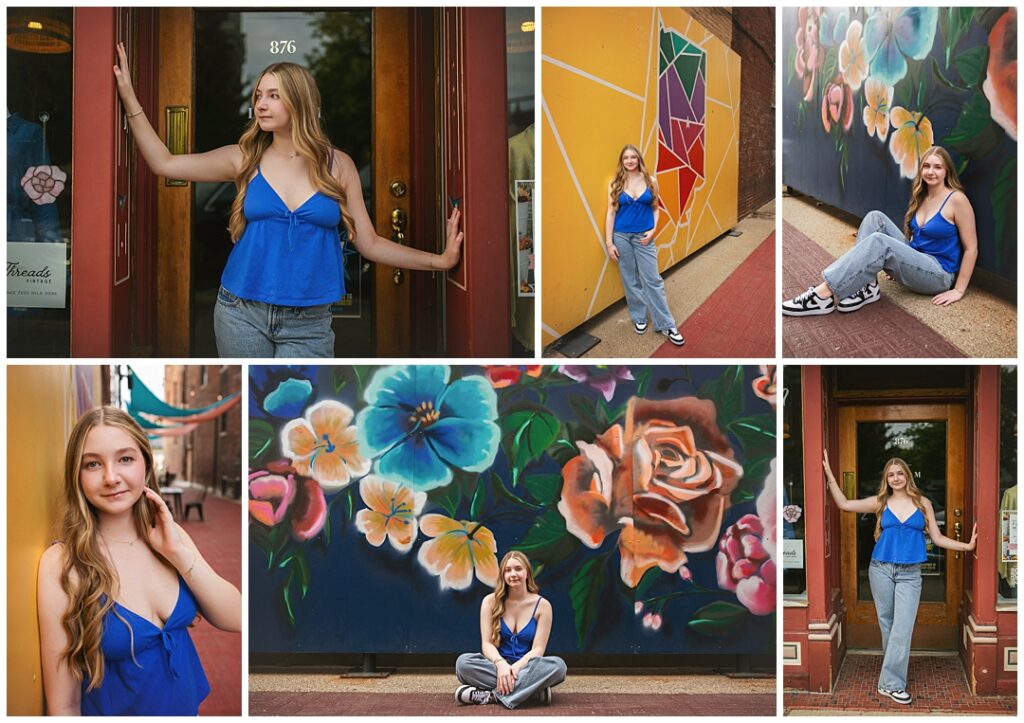 Collage of photos of a high school senior girl with long wavy dark blonde hair in a blue tie-front top and light wash jeans, and black and white Nike sneakers. In one picture, she is standing at a red storefront door, another sitting in front of a colorful floral mural and an Indiana-shaped mural, in downtown Noblesville. If you are a looking for a senior photographer in Noblesville, these reach out to Amanda Duncan Photography.