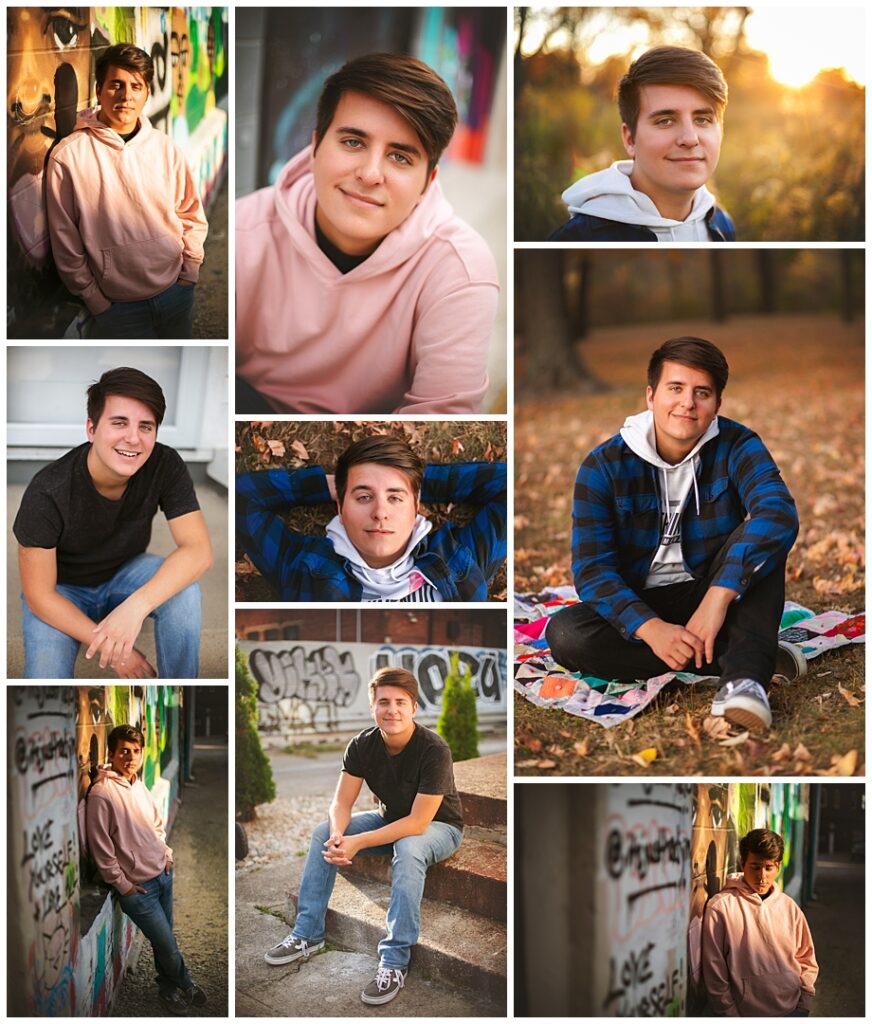 Photo collage of senior guy with dark brown hair, one look in a pink hoodie and jeans at a graffiti wall in Fountain Square, another in a blue and black flannel over a white Nintendo hoodie sitting in fall leaves at Southeastway Park, Indianapolis senior photos by Amanda Duncan Photography.