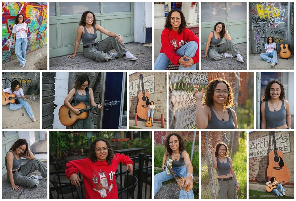 Photo collage of high school senior girl with dark curly brown hair and wire rimmed glasses wearing a casual outfit holding her guitar in downtown Indianapolis during her senior portraits with Amanda Duncan Photography