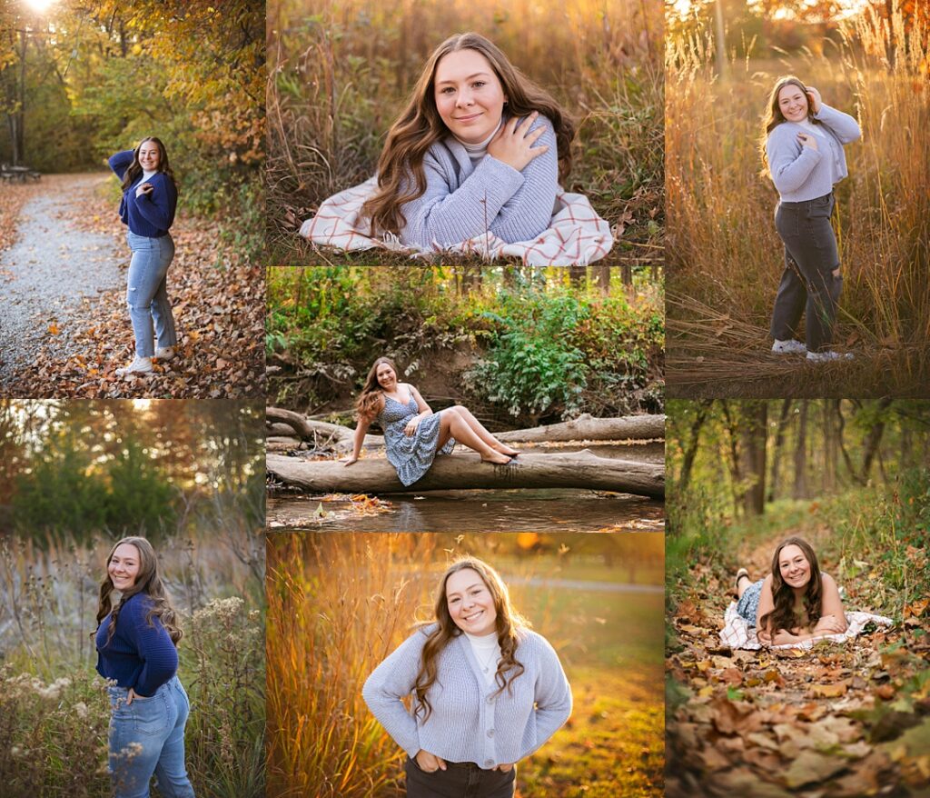 Warm golden light wraps around a senior in a soft blue cardigan and light wash jeans as she walks down a gravel path lined with tall autumn grasses at Southeastway Park. The collage carries her seated barefoot on a fallen log over the creek in a blue floral dress, lying across a plaid picnic blanket scattered with fall leaves, and laughing in a sunlit meadow with her hair catching the breeze. Amanda Duncan Photography photographed this senior portrait session at Southeastway Park on the south side of Indianapolis, a favorite location for golden hour senior pictures thanks to its creek, meadows, and wooded trails.
