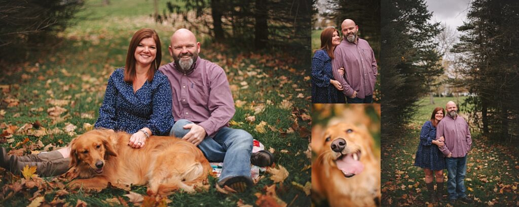 A couple sits together in a bed of fall leaves at Southeastway Park with their golden retriever stretched out beside them, the woman in a navy polka dot dress and the man in a heather purple button-down. The collage includes a close embrace along a wooded path, a candid moment with the dog's tongue out mid-pant, and the couple walking hand in hand beneath the tree canopy. Amanda Duncan Photography photographed this couple and pet portrait session at Southeastway Park on the south side of Indianapolis, a wooded Indianapolis-area park well suited for fall portraits with pets.