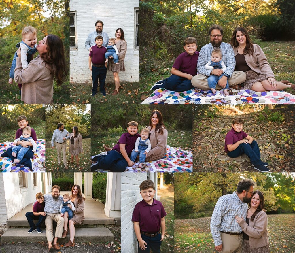 A mother nuzzles her baby's cheek in front of a weathered white brick farmhouse to open this fall family photoshoot at Glenns Valley Nature Park, her son in a maroon polo standing close beside his father in a plaid button-down. The collage moves through a patchwork quilt blanket portrait scattered with fall leaves, a candid parent slow dance in the grass, and a solo shot of the older son grinning from a stone ledge in dappled afternoon light. Amanda Duncan Photography photographed this fall family portrait session at Glenns Valley Nature Park on the south side of Indianapolis, a wooded Indianapolis-area location known for its historic farmhouse and quiet, secluded feel.