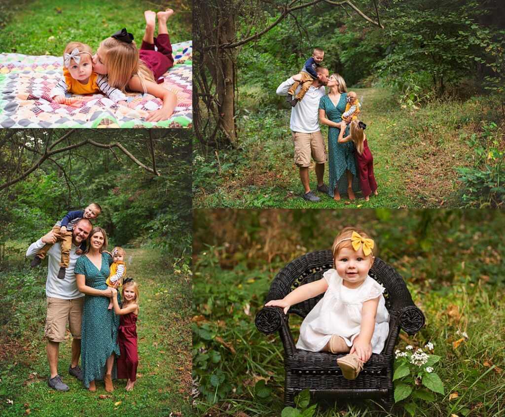 A big sister presses a kiss to her baby sister's cheek on a colorful patchwork quilt to begin this Glenns Valley Nature Park family session, tucked into a shaded wooded trail thick with summer green. The collage carries the family through a piggyback moment with dad, a mother in a teal wrap dress cradling her baby while her husband nuzzles their toddler overhead, and a close-up of the youngest daughter perched proudly in a black wicker chair in a white sundress and mustard bow. Amanda Duncan Photography photographed this family portrait session at Glenns Valley Nature Park on the south side of Indianapolis, a peaceful wooded Indianapolis-area location well suited for candid family moments.