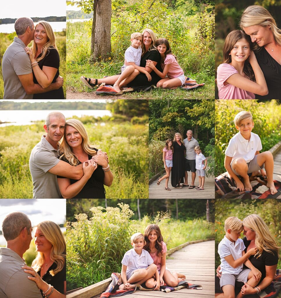 A couple shares a close embrace with the reservoir stretching behind them during a family photoshoot at Eagle Creek Park, tall prairie grass and wildflowers framing the water's edge. The collage includes a mother seated in the meadow with her son and daughter tucked under each arm, a tender cheek-to-cheek moment between mother and daughter, and the family walking together along a wooden boardwalk overlooking the lake. Amanda Duncan Photography photographed this family portrait session at Eagle Creek Park on the west side of Indianapolis, a spacious Indianapolis-area park known for its reservoir views and open meadows.