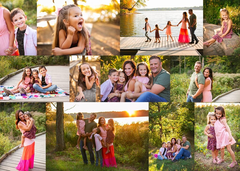 Three siblings pile together on a colorful patchwork quilt spread across a wooden boardwalk at the start of a golden hour family photoshoot at Eagle Creek Park, the lake glowing behind them as the sun sets. The collage follows the family walking hand in hand down the dock toward the water in shades of coral, pink, and olive, a father lifting his daughters for a laughing double hug, and the whole family silhouetted against the sunset over the reservoir. Amanda Duncan Photography photographed this family portrait session at Eagle Creek Park on the west side of Indianapolis, a favorite Indianapolis-area location for golden hour family photos over the water.