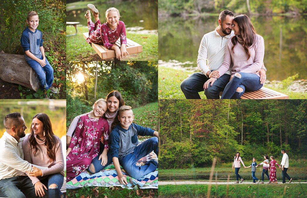 A boy in a heather blue henley sits on a fallen log at a family photo session at Eagle Creek Park, his sister stretched out on a wooden bench nearby in a maroon floral dress with her feet kicked up. The collage includes the siblings gathered close with their mother against a backdrop of still pond water, parents sharing a quiet embrace on a bench overlooking the reflection of the trees, and the whole family walking together along the water's edge at sunset. Amanda Duncan Photography photographed this family portrait session at Eagle Creek Park on the west side of Indianapolis, a wooded Indianapolis-area location known for its peaceful pond views.