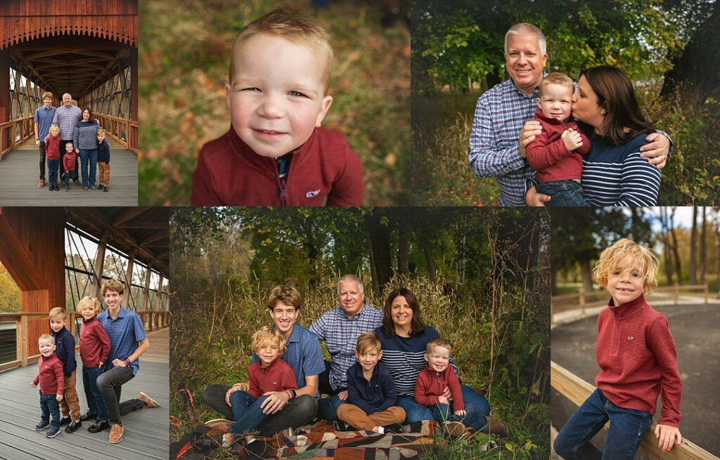 Four brothers in coordinating red and navy tones stand together on a wooden covered bridge at Geist Park during this fall family photoshoot, the youngest grinning up at the camera in his red quarter zip. The collage includes a close parent embrace with their toddler between them, the full family seated together on a plaid blanket surrounded by fall leaves, and a solo close-up of a freckled, tousle-haired son leaning against the bridge's wooden railing. Amanda Duncan Photography photographed this fall family portrait session at Geist Park in Indianapolis, a relaxed northeast-side Indianapolis-area park known for its covered bridge and fall color.