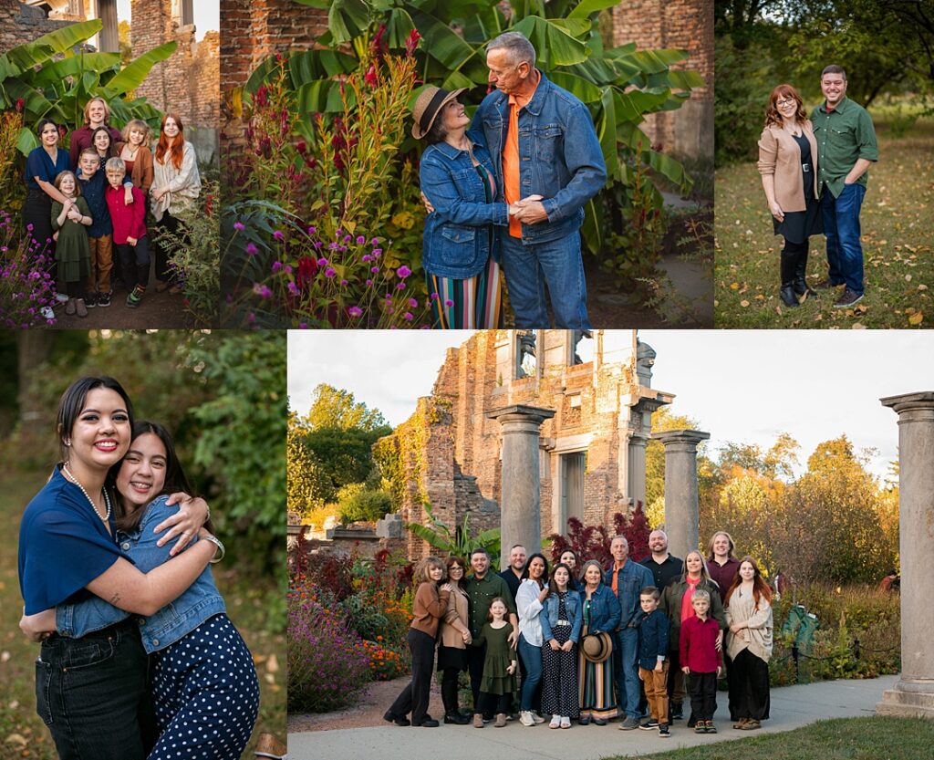 An extended family poses in front of the historic stone ruins at Holliday Park during this multi-generational photoshoot, tropical banana leaves and blooming red flowers framing the crumbling columns behind them. The collage includes grandparents sharing a close embrace among the garden beds in coordinating denim, two sisters hugging in polka dot pants and a denim top, and the full extended family spread across the ruins' stone steps. Amanda Duncan Photography photographed this extended family portrait session at the historic ruins in Holliday Park in Indianapolis, a one-of-a-kind Indianapolis-area location for large group and multi-generational family photography.