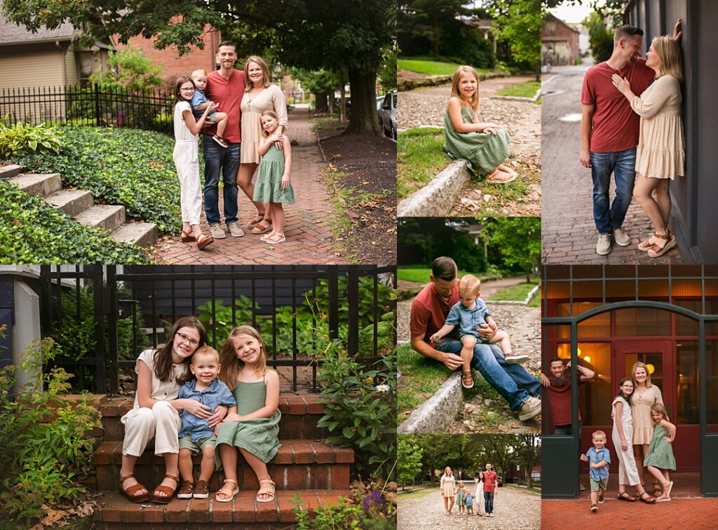 A family of five stands together on an ivy-lined brick sidewalk in Lockerbie Square during this family photoshoot, the two daughters in cream and sage green dresses beside their little brother in denim overalls. The collage includes a close couple embrace against a weathered brick wall, a candid father-son moment on a stone curb, and the family walking together down Lockerbie's cobblestone street at dusk, the neighborhood's red brick doorway glowing warm behind them. Amanda Duncan Photography photographed this family portrait session in Lockerbie Square, a historic downtown Indianapolis neighborhood known for its brick streets and evening charm.