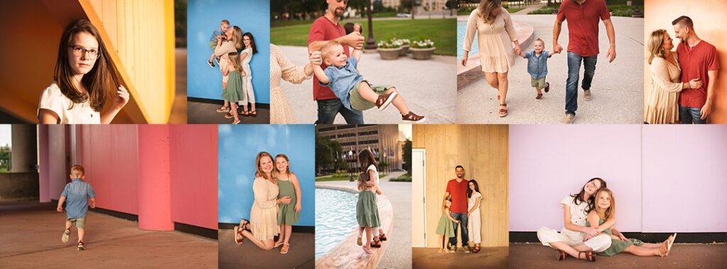 A daughter in a cream top leans against a bold orange wall during this War Memorial Plaza family photoshoot, her family scattered through colorful backdrops of blue, pink, and mustard throughout downtown Indianapolis. The collage includes a father swinging his son through the air near the plaza fountain, the whole family walking hand in hand past the downtown skyline, and two sisters sharing a quiet embrace beside the reflecting pool. Amanda Duncan Photography photographed this family portrait session at War Memorial Plaza in downtown Indianapolis, a colorful urban Indianapolis-area location known for its architecture and playful wall backdrops.