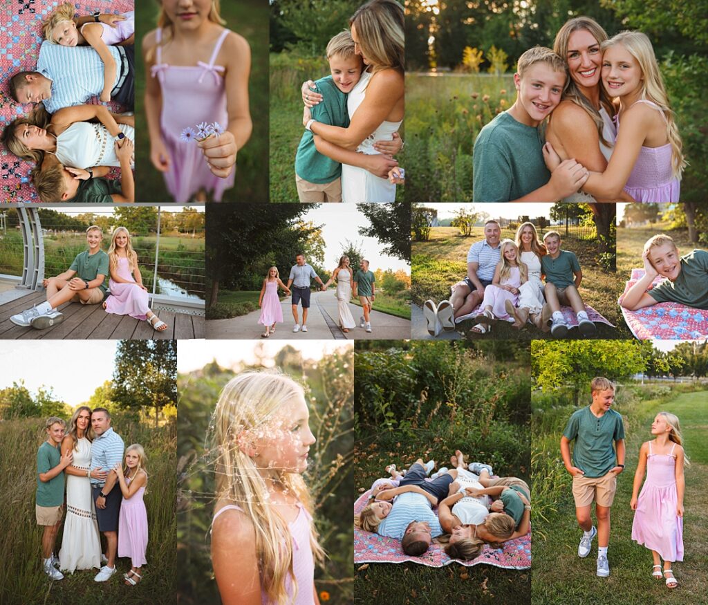 A family lies together on a floral picnic quilt tucked into tall grass at Old City Park during this family photoshoot, the two teenage children resting on their parents' shoulders. The collage carries the family across a wooden boardwalk at golden hour, a daughter holding wildflowers with light catching her hair, and a close mother-daughter embrace framed by soft green foliage. Amanda Duncan Photography photographed this family portrait session at Old City Park in Greenwood, Indiana, a charming south-side Indianapolis-area park known for its meadows and boardwalk views.