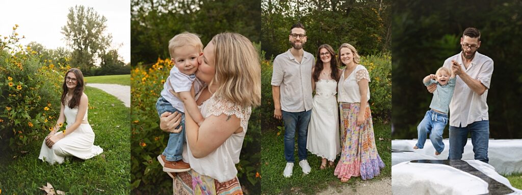 A woman in a flowing white dress kneels in a field of wildflowers during this 100 Acre Woods photoshoot, warm evening light catching the tall grass around her. The collage includes a close embrace between mother and toddler son, a family portrait with the group in soft neutral and floral tones, and a playful moment of father and son bouncing together near the car at the end of the session. Amanda Duncan Photography photographed this portrait session at 100 Acre Woods, a year-round Indianapolis-area location known for its wildflower fields and relaxed, natural light.