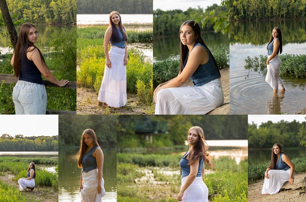 A senior in a denim crop top and flowing white maxi skirt wades into the still water at 100 Acre Woods during this senior photoshoot, ripples spreading out around her bare feet. The collage follows her posed along the grassy shoreline, seated on a fallen log with the pond stretching behind her, and walking the water's edge as her hair catches the evening breeze. Amanda Duncan Photography photographed this senior portrait session at 100 Acre Woods, a scenic Indianapolis-area location known for its pond and marshy, natural backdrop.