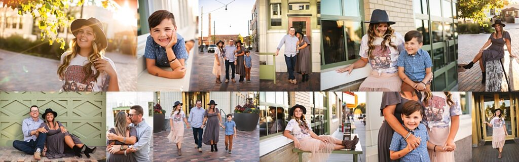 A young girl in a black wide-brim hat and graphic tee leans into her brother's shoulder in front of the Bottleworks District's string-lit storefronts during a family photoshoot. The collage includes the family walking hand in hand down the brick sidewalk, a candid moment of mother and son laughing against sage green doors, and a close parent embrace framed by the district's warm evening light. Amanda Duncan Photography photographed this family portrait session in the Bottleworks District in downtown Indianapolis, a modern urban Indianapolis-area location known for its architecture and string-lit charm.