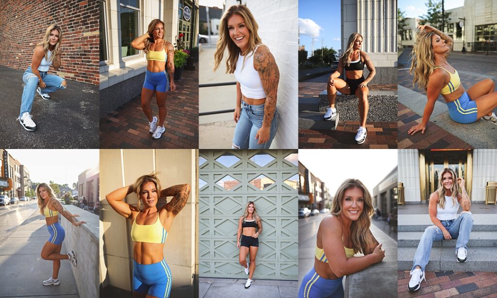 An Indiana fitness influences and health coach crouches against a brick wall in a white tank and denim during a branding photoshoot in the Bottleworks District, her tattoos and easy confidence carrying through every frame. The collage follows her posed in a yellow and blue matching workout set along the district's storefronts, seated on a stone ledge in black activewear, and leaning against a patterned metal garage door for a bold, graphic portrait. Amanda Duncan Photography photographed this fitness branding session in the Bottleworks District in downtown Indianapolis, a polished urban Indianapolis-area location popular for branding and personal brand photography.
