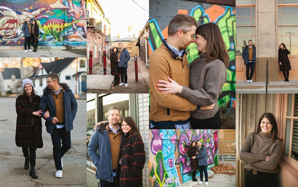 A couple poses in front of a colorful dinosaur mural in a Broad Ripple alley to open this session, the woman in a burgundy plaid coat and the man in a tan sherpa jacket, their arms linked as they walk down the sidewalk. The collage moves through a close embrace in front of a spray-painted brick wall, a laughing portrait against a graffiti-covered loading dock, and the pair posed beneath a tall stone pillar downtown. Amanda Duncan Photography photographed this couple's portrait session in Broad Ripple, an eclectic Indianapolis neighborhood known for its colorful street art and urban backdrops.