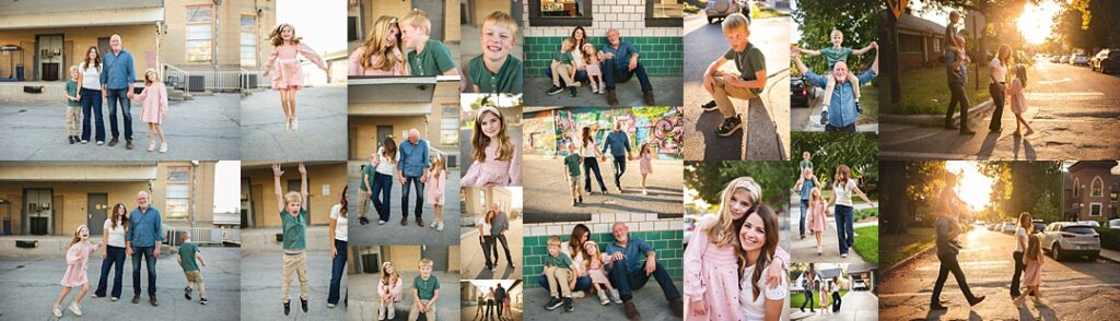 A family of four stands together in a Broad Ripple parking lot during this family photoshoot, the daughter in a blush pink dress twirling mid-jump beside her brother in olive pants and a forest green tee. The collage carries the family past a colorful graffiti mural, a mother and daughter matching in pink with headbands and coordinating smiles, and a father lifting his son onto his shoulders as they cross the street at golden hour. Later frames show the son leaping in the air with his arms thrown wide, grandparents sharing a close embrace on a brick stoop, and the whole family walking hand in hand down a sunlit Broad Ripple street as the evening light glows behind them. Amanda Duncan Photography photographed this extended family portrait session in Broad Ripple, Indianapolis, an eclectic Indianapolis-area neighborhood known for its colorful murals, brick storefronts, and golden hour street scenes.