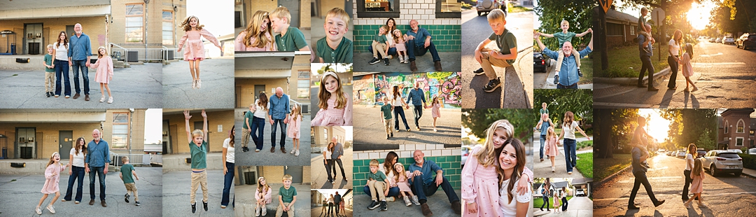 A family of four stands together in a Broad Ripple parking lot during this family photoshoot, the daughter in a blush pink dress twirling mid-jump beside her brother in olive pants and a forest green tee. The collage carries the family past a colorful graffiti mural, a mother and daughter matching in pink with headbands and coordinating smiles, and a father lifting his son onto his shoulders as they cross the street at golden hour. Later frames show the son leaping in the air with his arms thrown wide, grandparents sharing a close embrace on a brick stoop, and the whole family walking hand in hand down a sunlit Broad Ripple street as the evening light glows behind them. Amanda Duncan Photography photographed this extended family portrait session in Broad Ripple, Indianapolis, an eclectic Indianapolis-area neighborhood known for its colorful murals, brick storefronts, and golden hour street scenes.