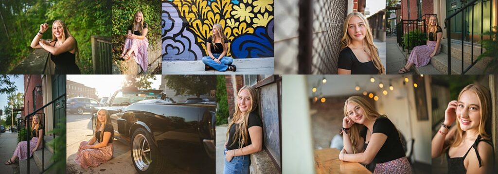 A senior in a black crop top and pink floral maxi skirt poses against a wall of climbing ivy during this senior photoshoot in downtown Danville, her long blonde hair catching the afternoon light. The collage carries her through a bold blue and yellow floral mural where she sits cross-legged on the sidewalk, a wrought iron stair rail beside a brick storefront, and a classic black convertible parked along Danville's main street. Later frames show her leaning against a chalkboard-covered wall, propped up at a wooden table beneath a string of warm cafe lights, and closing the session with an easy, hand-in-hair smile on the sidewalk. Amanda Duncan Photography photographed this senior portrait session in downtown Danville, Indiana, a charming small-town Indianapolis-area location known for its murals, brick storefronts, and classic car backdrops.