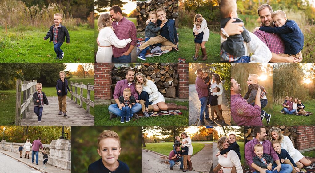 Two brothers in coordinating plaid and denim run across an open field at Fort Harrison State Park to during a fall family photo session, golden light catching the tall grass behind them. The collage includes a close embrace between parents on a picnic blanket in front of a stacked firewood pile, a father lifting his sons for a laughing hug, and the whole family walking along a stone bridge at sunset. Amanda Duncan Photography photographed this fall family portrait session at Fort Harrison State Park in Lawrence, Indiana, a favorite Indianapolis-area location for golden hour family photography.