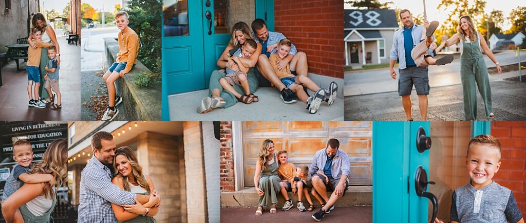 Two brothers sit together on a brick ledge in downtown Fortville, one in a mustard long sleeve tee and the other swinging playfully by his parents' hands down the sidewalk. The collage includes photos from a family photo shoot with the family piled together in a teal doorway laughing, string lights glowing behind a close parent embrace, and a bright close-up of the younger son's gap-toothed smile against a brick storefront. Amanda Duncan Photography photographed this family portrait session in downtown Fortville, Indiana, a quaint small-town Indianapolis-area location known for its brick storefronts and colorful doorways.