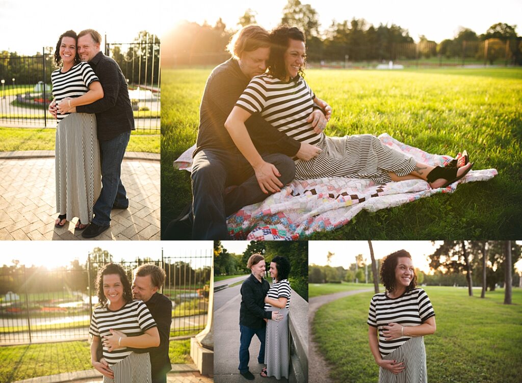 An expecting couple embraces beside a wrought iron gate at Garfield Park to open this maternity session, the mother-to-be in a black and white striped maxi dress cradling her belly in the golden evening light. The collage continues onto a quilt blanket spread across the lawn, a close embrace with the father's hand resting on her stomach, and a solo portrait of the mother laughing along a tree-lined path at sunset. Amanda Duncan Photography photographed this maternity session at Garfield Park in Indianapolis, one of the city's oldest parks and a favorite Indianapolis-area location for golden hour portraits.